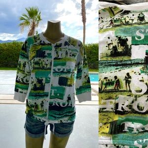 ONQUE Casuals ST. TROPEZ Postcard Print JACKET With RHINESTONE Zipper Medium